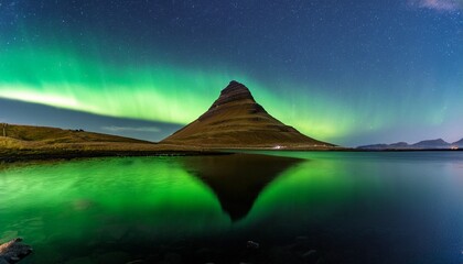 Kirkjufell Northen Lights Green Reflection Iceland
