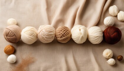 Cream And Brown Balls Of Yarn Arranged On A Beige Linen Fabric Background
