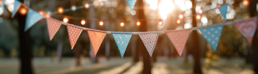 Bunting is displayed above a park as sunlight filters through the trees. The scene captures a festive atmosphere with people enjoying the warm day in the background