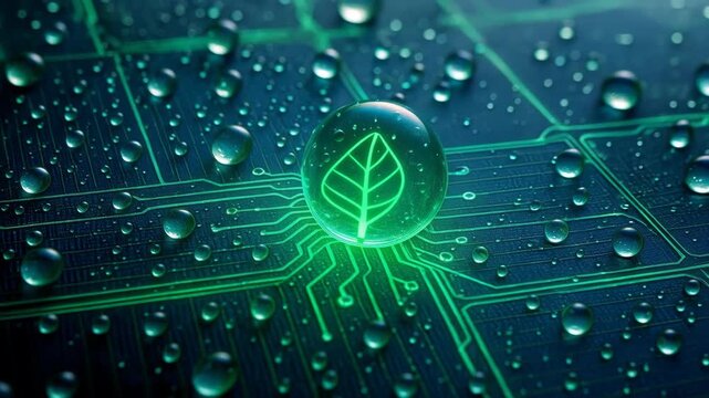 Glowing leaf symbol on wet circuit board embodies hopeful green technology and sustainable innovation, symbolizing fresh eco friendly energy and digital progress for future