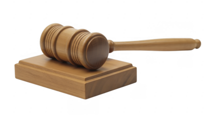 Wooden gavel on a sound block judge courtroom isolated on a transparent background