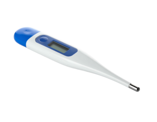 A medical digital thermometer, blue, white, and silver, on black