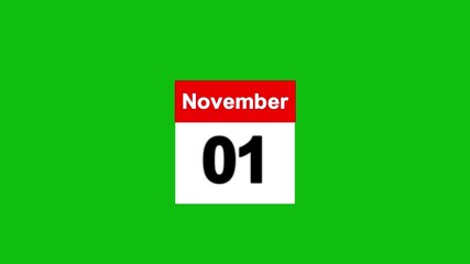 November month 01 date calendar icon animation on green background. Abstract Digital November month calendar symbol animation. Event reminder symbol.