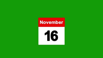 November month 16 date calendar icon animation on green background. Abstract Digital November month calendar symbol animation. Event reminder symbol.