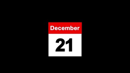December Month 21 date calendar icon animation on black background. Flat calendar icon monthly, important date, Simple calendar with date concept animation. Abstract calendar with date concept.