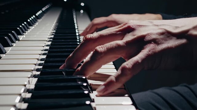Close-up video shot of hands playing a piano, capturing the dynamic movement of fingers on keys, with dramatic lighting and a side angle. - Powered by Adobe