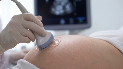 Woman Receives Prenatal Ultrasound in Medical Office During Examination for Fetal Health and Development