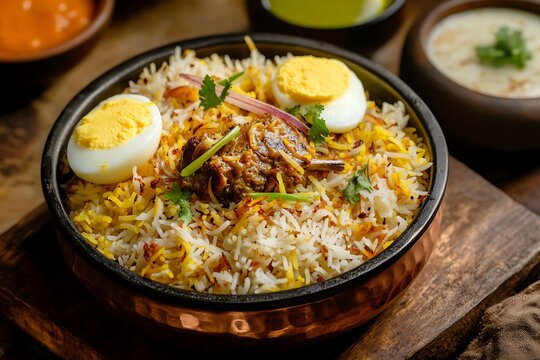 Authentic chicken biryani with egg served in a traditional bowl ultra hd photo