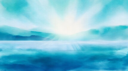 Fototapeta premium Serene tropical seascape watercolor illustration evokes calm summer vacation bliss ideal for commercial use