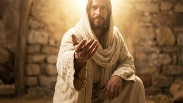 Man in white robe extends hand in a welcoming gesture, showcasing a moment of connection and invitation, illuminated by soft light in a rustic stone setting