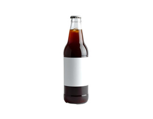 Glass bottle with dark liquid, white label, and silver cap against a black background