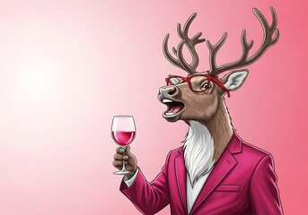 Reindeer in pink suit enjoying wine