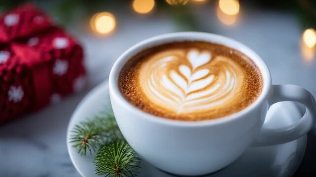 Festive Coffee Moment: A close-up view captures the artful presentation of a warm latte, showcasing intricate latte art with a gift box and a hint of evergreen in a cozy setting. 