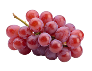 A cluster of fresh, ripe, red grapes with a stem against a black background
