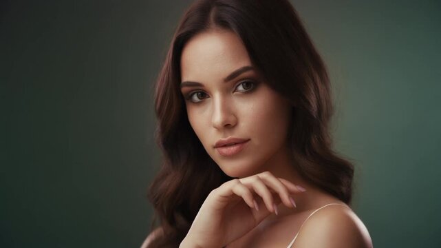 Stunning portrait of an elegant young woman with long, flowing brown hair, exuding natural beauty and serene confidence, gazing directly