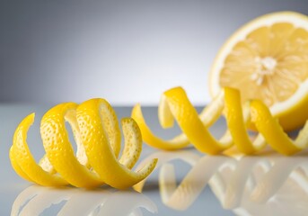 Freshly peeled lemon on a reflective surface