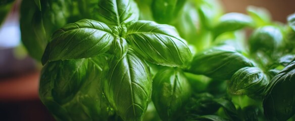Obraz premium The Basil Leaves in a Sunlit Kitchen Window Showing Fresh Green Texture