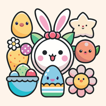 A delightful collection of cute easter characters and spring elements in a vibrant cartoon style