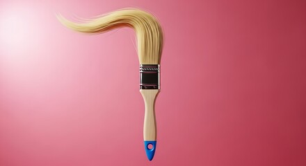 Paintbrush with blue handle on pink background