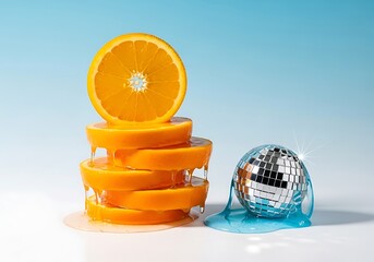 Fresh orange slices and disco ball on white surface