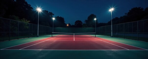 Illuminated tennis court at night, sharp lines , action, tournament