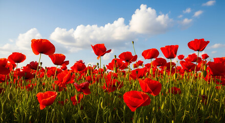 Fototapeta premium Bright red poppies in a field, symbolizing honor and remembrance for veterans and military families on special commemorative days