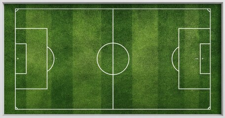 The Soccer Field Aerial View with Lush Green Striped Pitch and White Markings