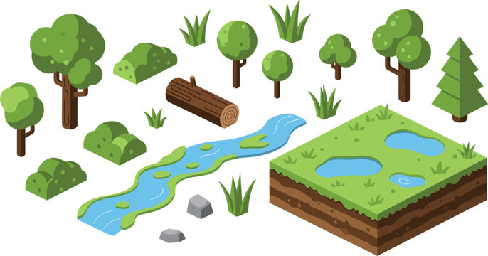 isometric nature landscape elements set with trees river grass rocks soil block forest terrain game environment vector illustration