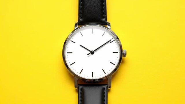 A sleek, minimalist wristwatch with a white dial and black leather strap sits against a bright yellow backdrop