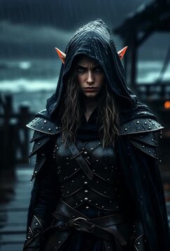 Fierce elf warrior in dark leather armor and hood stands in the rain on a stormy dock, cinematic style, symbolizing strength and fantasy conflict