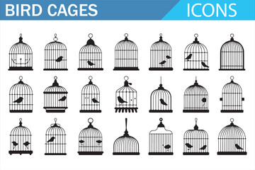 Bird cages line icons set with vintage and modern birdcage designs, hanging cages, decorative domes and metal frames, editable outline symbols isolated on white background