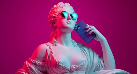 Ancient greek statue wearing sunglasses and holding a smartphone
