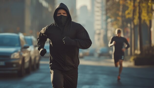Dynamic urban runners push their limits in the early morning light as shadows stretch across the concrete landscape