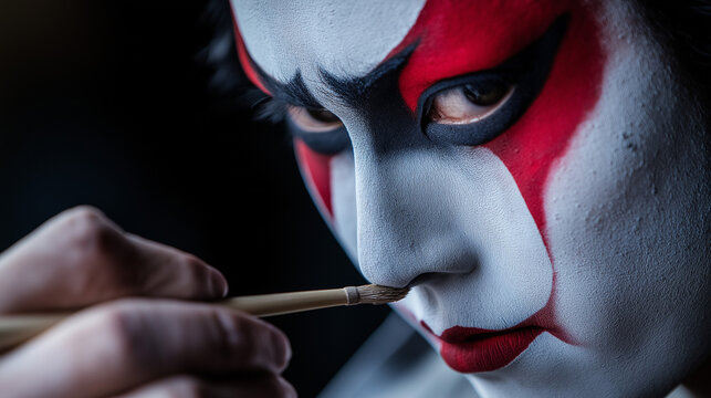 Extreme Close-up of Kabuki Artist Applying Face Paint to Nose