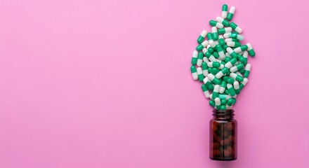 Pills spilling out of bottle on pink background