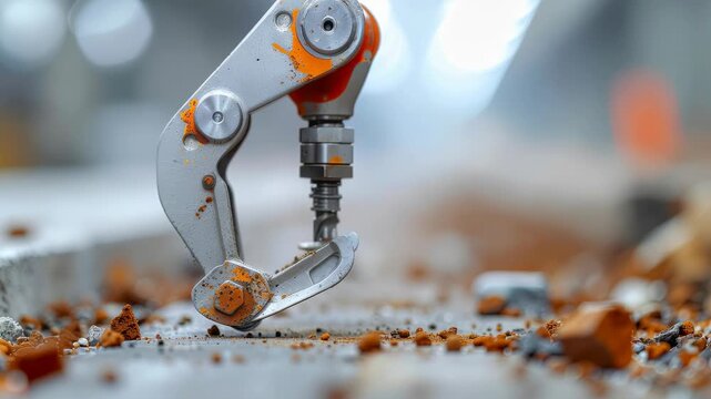 Robotic arm automation industry supply chain labor shortage precision metal technology with industrial robot claw gripping debris and bolts on factory floor highlighting modern automation impact
