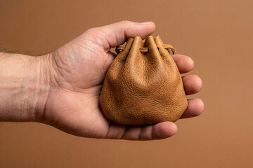 Hand holding small brown leather drawstring pouch on brown background