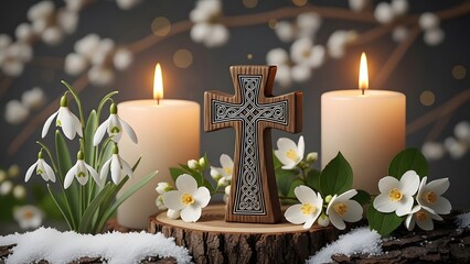St brigid's day celebration with cross candles and snowdrops on wooden stump