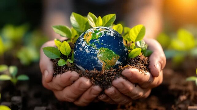 Hands cradling Earth globe with green leaves and soil symbolizing environmental care