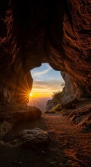 Obraz premium Sunrise Viewed From Inside a Cave Symbolizing New Beginnings