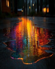 Fototapeta premium Light from nearby buildings shines on rain puddles, creating colorful reflections on the wet pavement. The scene shows trees in the background, enhancing the atmosphere of the night walk