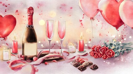 Romantic Valentine’s Day watercolor illustration with champagne roses chocolate candles and festive heart bokeh