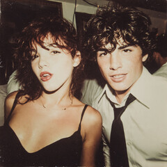 Couple posant pendant une soir&eacute;e, photo polaro&iuml;d dans les ann&eacute;es 80