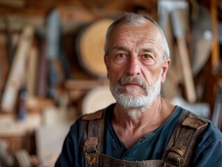 An artisan stands in a well-equipped workshop surrounded by various tools. The sunlight illuminates his face, showing years of experience in his craft