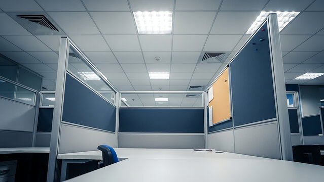 Empty office cubicle workspace with blue partitions and white desk modern corporate environment interior - Ai Generated