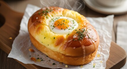 Freshly baked Gyeran-ppang, Korean egg bread, with visible steam. Topped with a sunny-side-up egg and parsley, served on parchment paper and a wooden board.