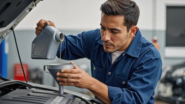 Focused mechanic in blue uniform pouring motor oil into a car engine using a funnel. Professional technician performing vehicle maintenance service in an auto repair shop