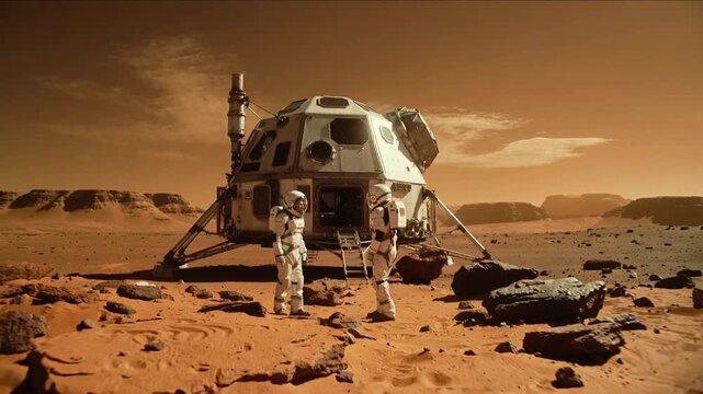 Two astronauts in white space suits talking near landing module on red planet Mars