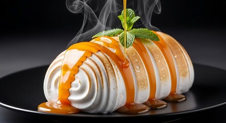 Delicious dessert with caramel sauce and mint on a black plate