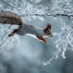 Winter leap squirrel dashes through frost kissed branches with frozen beauty surrounding